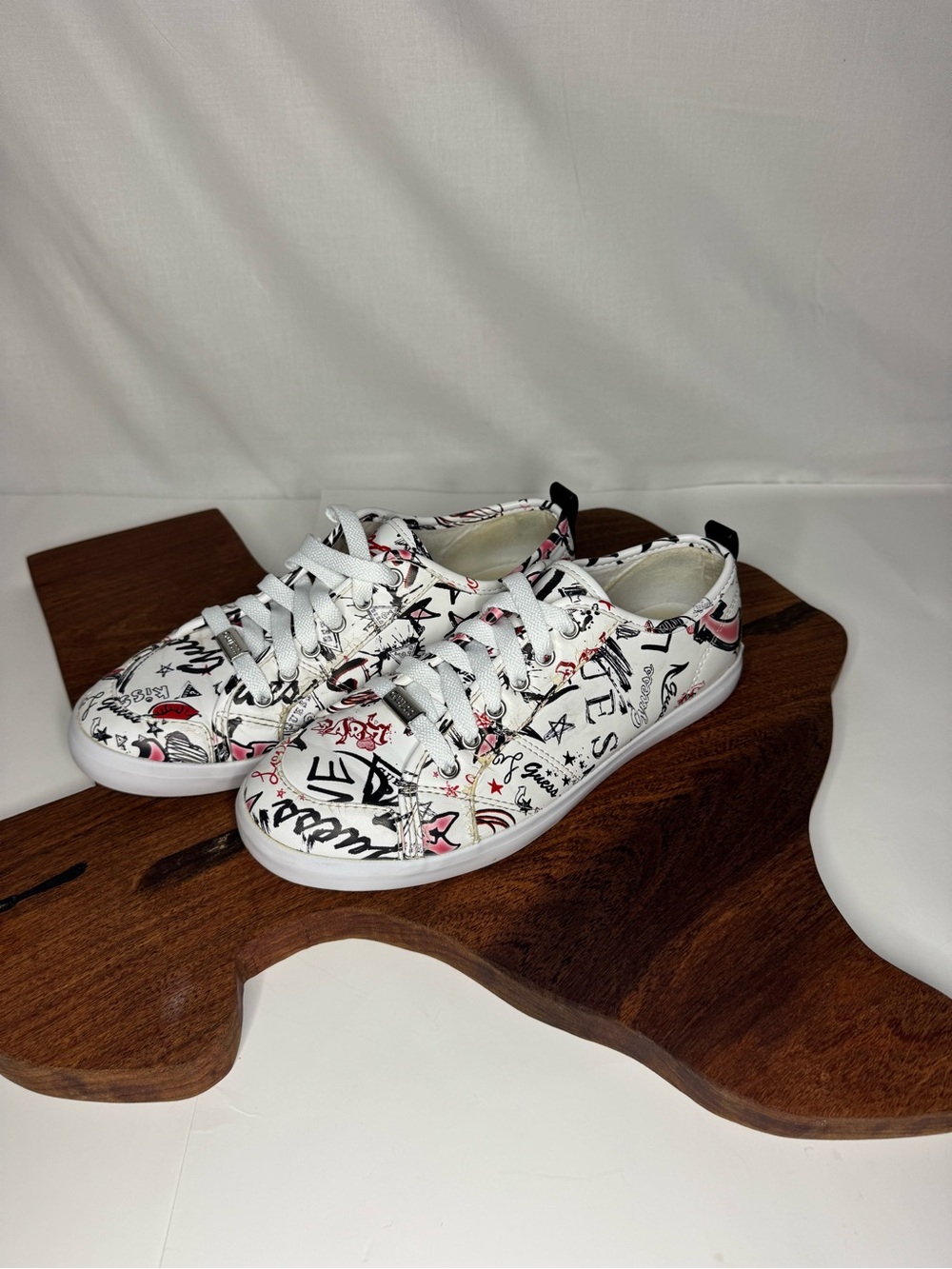 Guess White Goodly Graffiti Sneakers with Pink and Black Accents